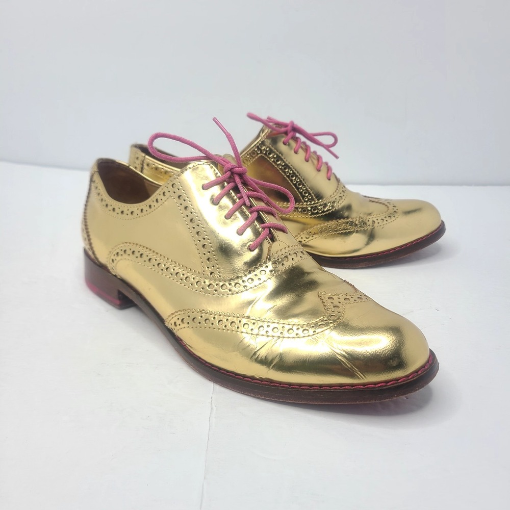 Cole Haan Metallic Gold Leather Wingtip Oxfords Pink Laces Brogue Shoes Women 8